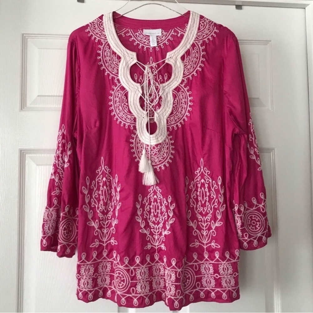 Charter Club Fuchsia and Cream Embroidered Tunic